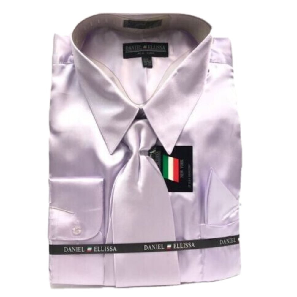Daniel Ellissa Men Lilac Dress Shirt Tie Hanky Satin Convertible Cuff Size 20.5